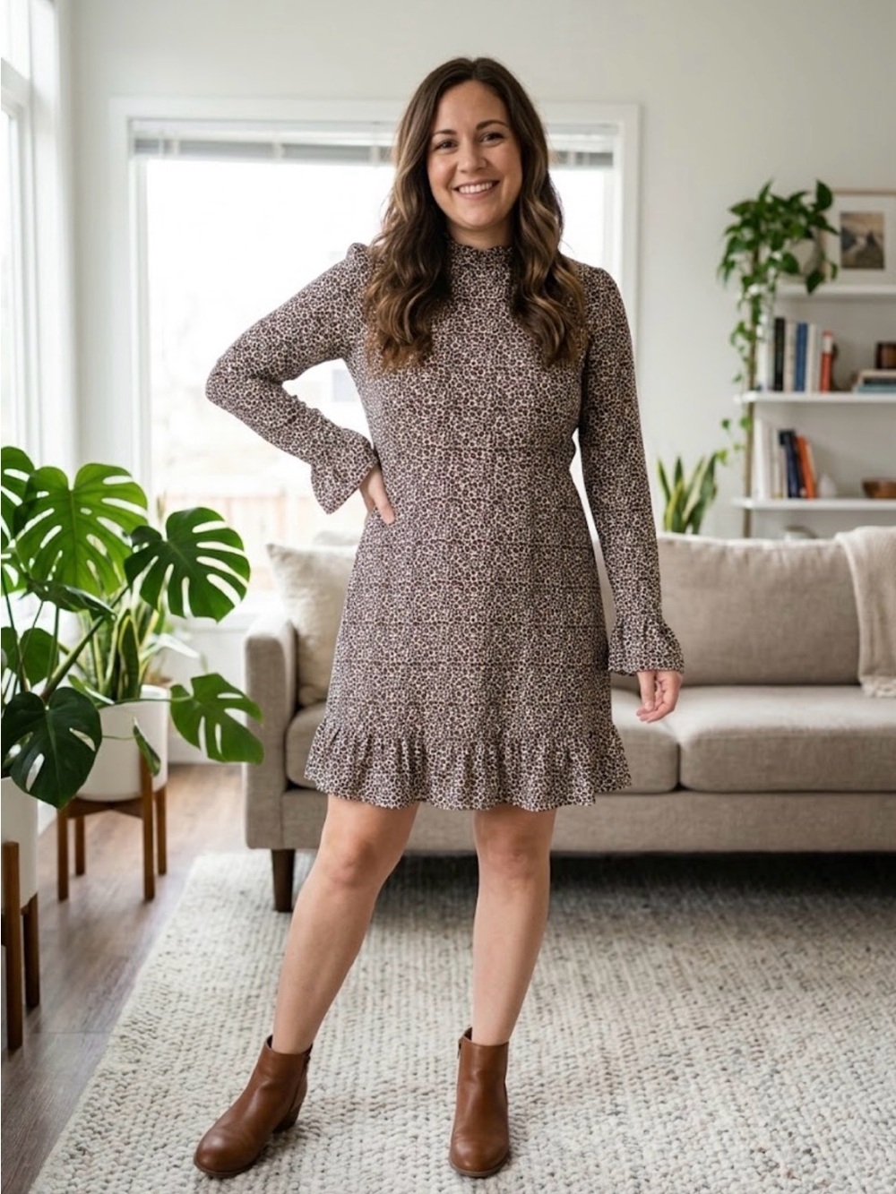 ASOS DESIGN Leopard Print High Neck Mini Dress Size 4 US Ruffle Hem Long Sleeve
